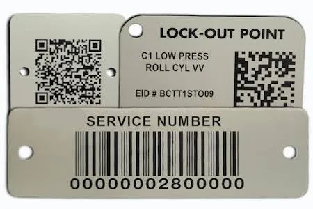 Equipment service plate with QR and barcode data