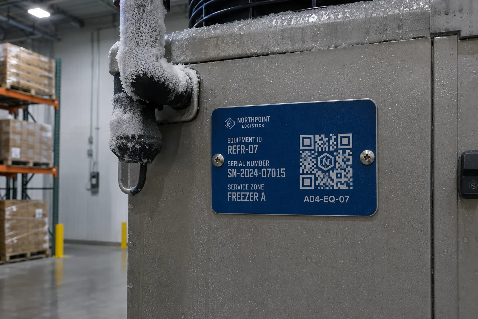 Blue QR equipment plate mounted on refrigerated machinery with visible condensation