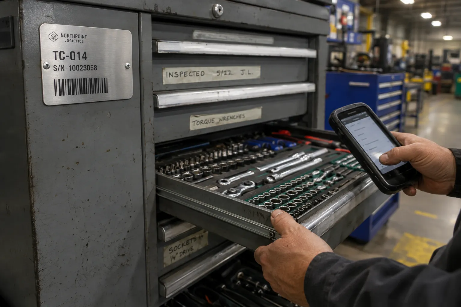 Technician scanning a barcode plate on a maintenance tool cabinet