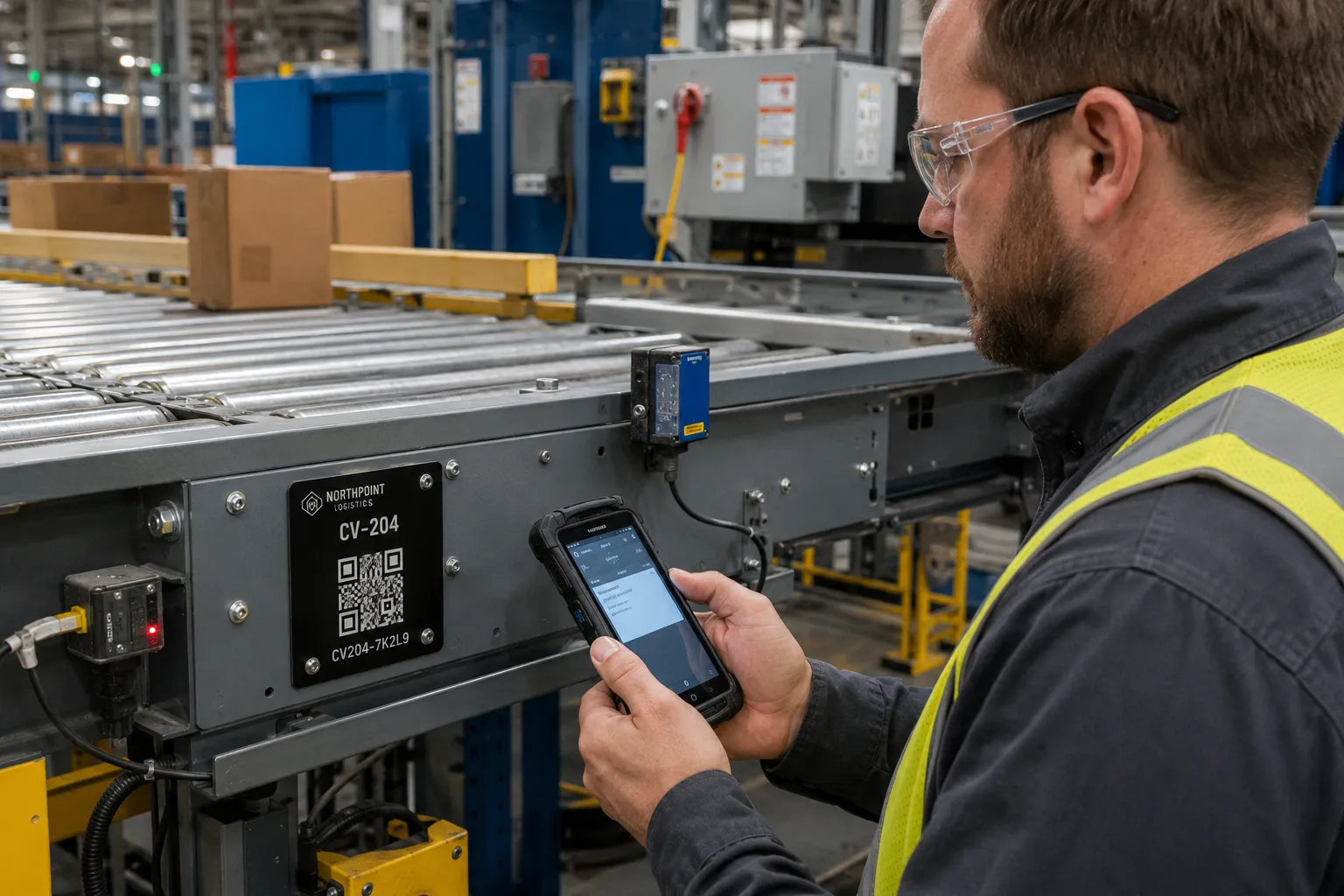 Worker scanning a QR identification plate on a factory conveyor