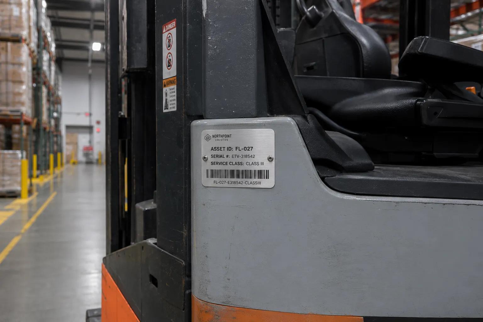 Serialized metal barcode plate mounted on a warehouse forklift