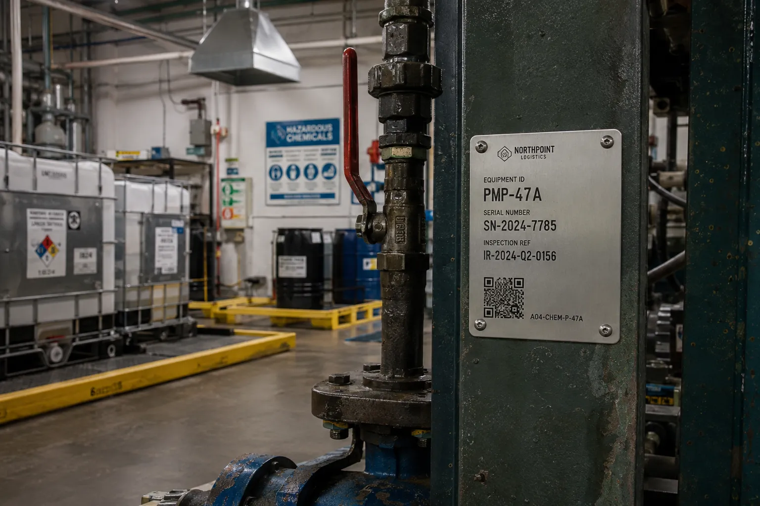 Metal QR and serial plate mounted beside a pump in a process facility
