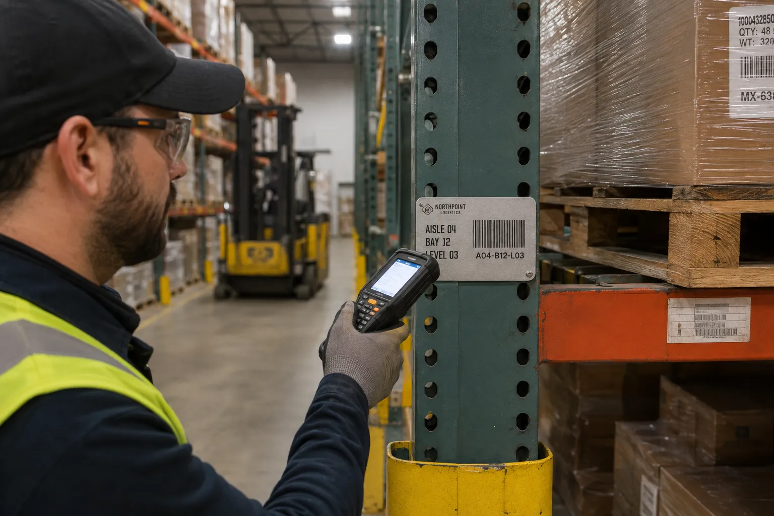 Warehouse worker scanning a metal barcode plate mounted on a storage rack