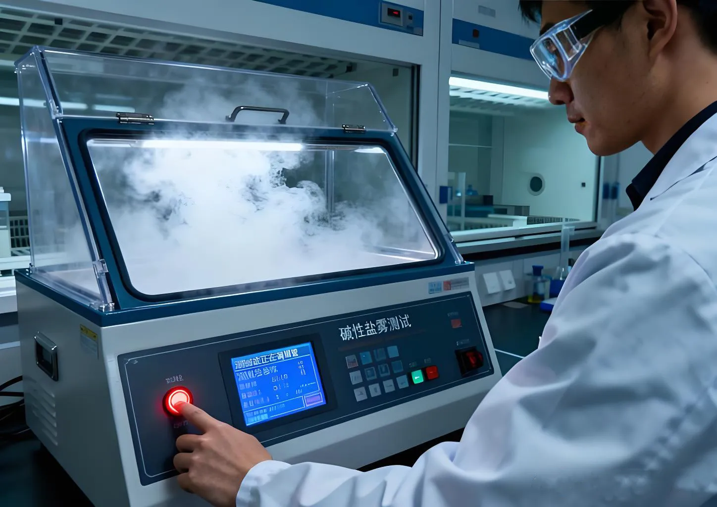 Salt-spray corrosion test chamber operating with metal samples