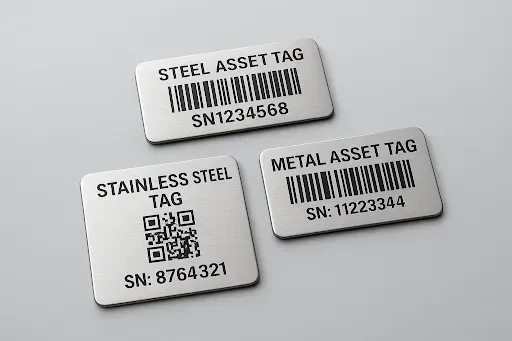 Custom metal asset tags with QR codes, barcodes and serial numbers